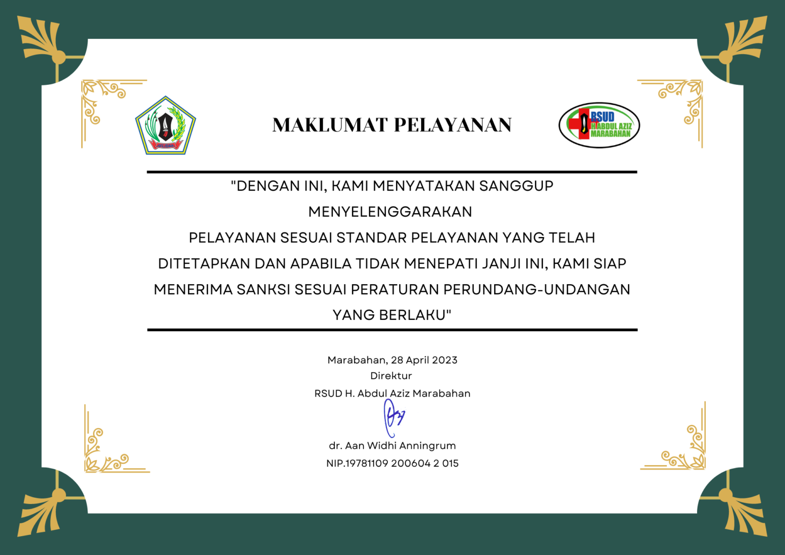 Maklumat Pelayanan Rsud H Abdul Aziz Marabahan